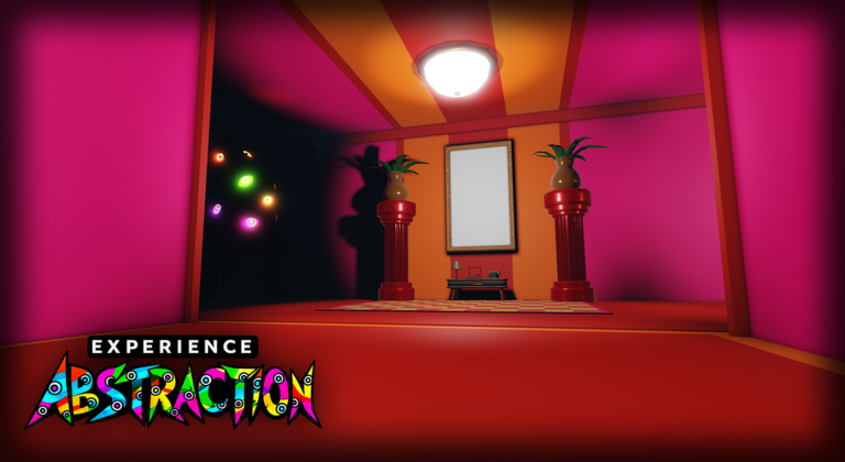 Official Experience Abstraction screenshot of a bright pink room opening into darkness beside a shadowy figure.